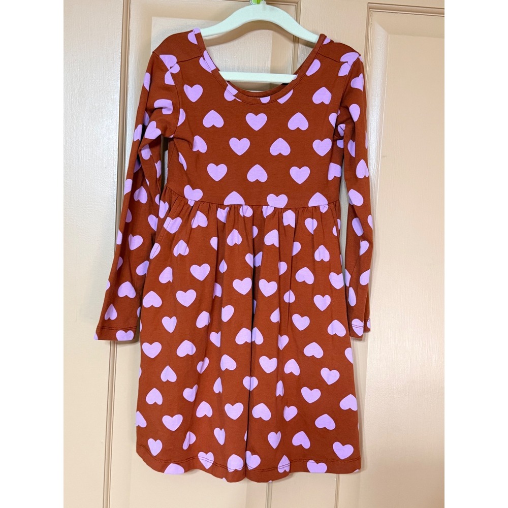 Hanna Andersson Girls Rust Brown Lavender Heart Long Sleeve Pocket Dress Size 5